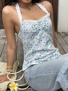 Sunnyshic Dames Zomervakantie Ditsy Bloemen Geplooide Halter Halter Top
