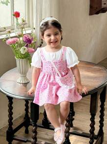 Baby Girl Clothing Baby Girl Dress Pink Floral Print Pattern With Bubbles, Ruffles, Short Sleeves, Horns, Elegant And Casual Summer Versatile Dress Bring A Love Bag - Multicolor - View 9