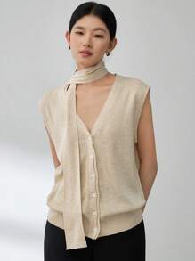 DAZY Women's V-Neck Drawstring Asymmetric Button Front Cardigan Knit Top, Casual Business Style - Beige - View 12