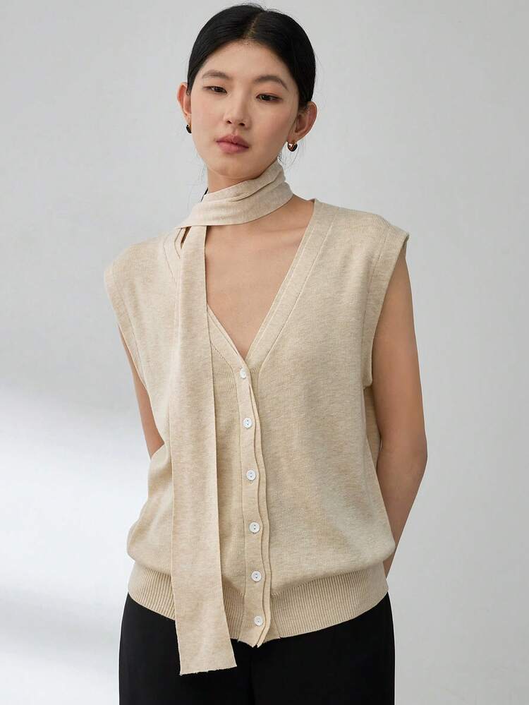 Women's V-Neck Drawstring Asymmetric Button Front Cardigan Knit Top, Casual Business Style