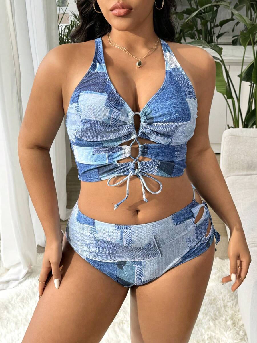 Slaydiva Bộ bikini hở lưng in họa tiết denim mùa hè cho nữ cỡ lớn gợi cảm - Nhiều màu - Xem 1