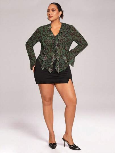 SHEIN BAE 大码女式豹纹荷叶边雪纺长袖衬衫，适合日常穿着、夜间外出、约会、派对、下午茶、音乐会