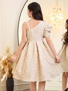 SHEIN Tween Girl 优雅单肩泡泡袖 A 字中长连衣裙 - 卡其色 - 查看 2