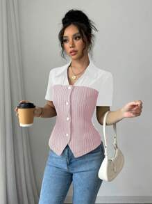 Calvaya Tweed Paneled Design Pearl Silver Edged Button Elegant Commuter Style Women Blouse Top