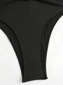 Swim Chiccia Deep V Black Elegant Belt Asymmetrical Metal Decor Women One-Piece Swimsuit, Beach & Resort Vacation Style For Summer - Black - View 7