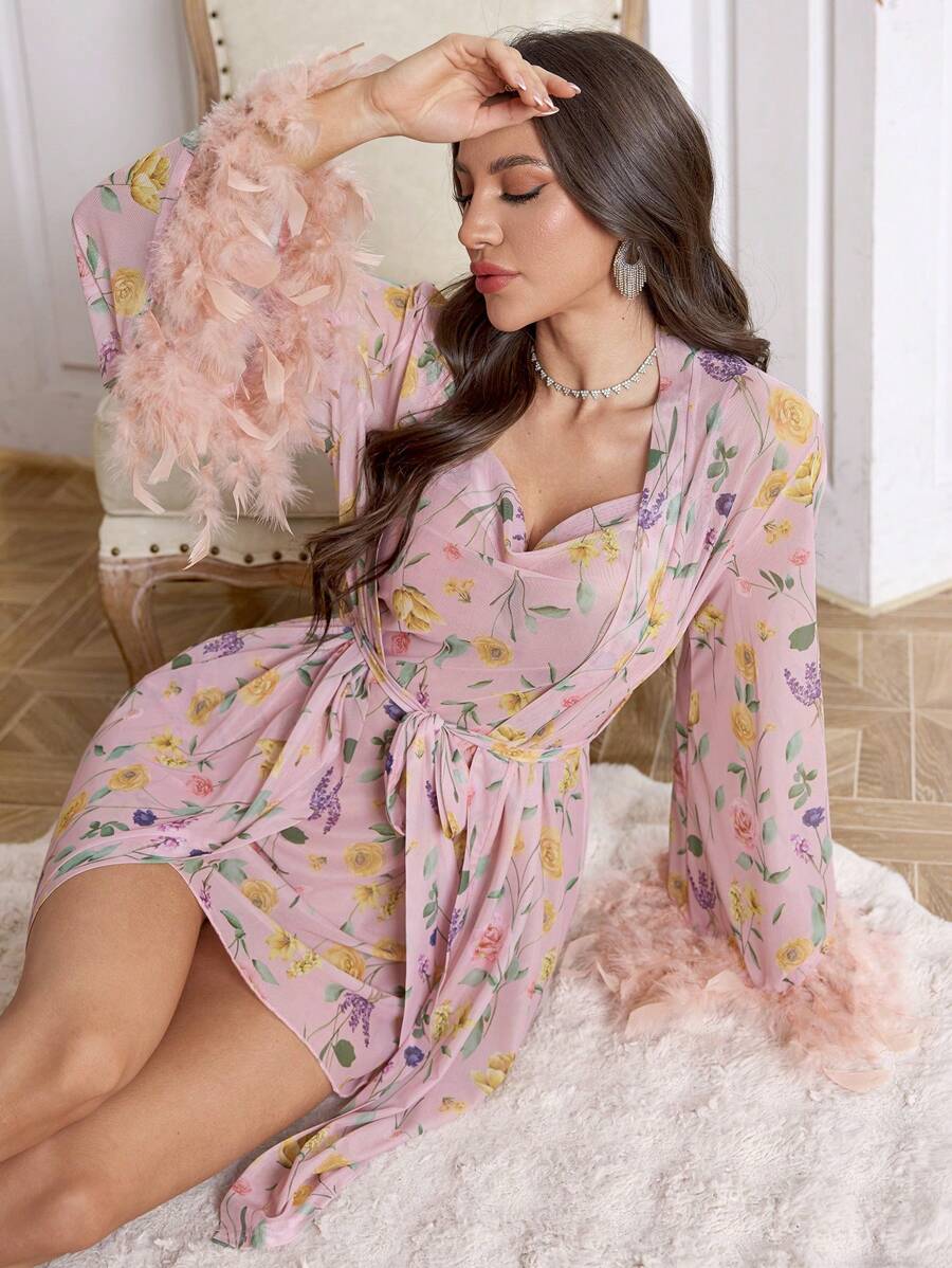 SHEIN 2pcs Set: Feather Decor Mesh Floral Print Camisole Nightgown And Robe - Baby Pink - View 1