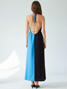 Femmeiva French Style Elegant Lady Summer Vacation Holiday Dress,Seksi Chic Loose Halter Neck Backless Cinched Waist Black & Blue Color Contrast Blackness - Multicolor - View 3