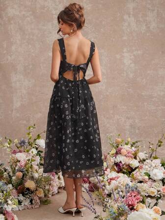 L'Amorae 优雅花卉欧根纱无袖飘逸中长连衣裙，女士夏季服装，女士婚礼宾客礼服