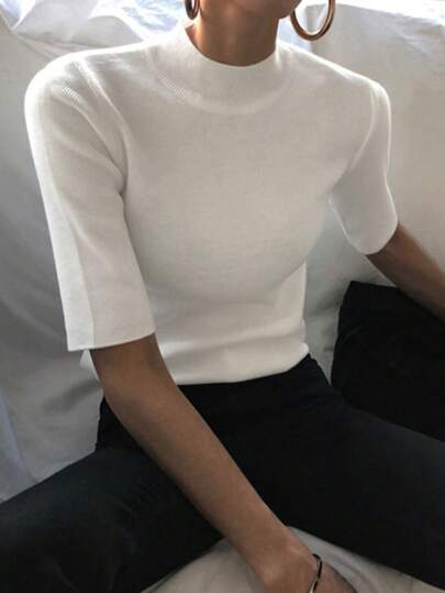 DAZY Suéter feminino de malha com gola alta, ajustado, curto, manga 3/4, outono