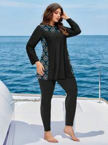 SHEIN Swim Curve 2pcs/Set Plus Size Women Modest Vacation Retro Printed Splicing Long Sleeve Pullover And High Waist Pants Burkini Swimwear