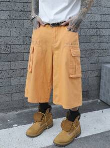 Manfinity EMRG Quần short denim rộng rãi, màu trơn có túi dành cho nam, mặc hàng ngày - trái cam - Xem 1