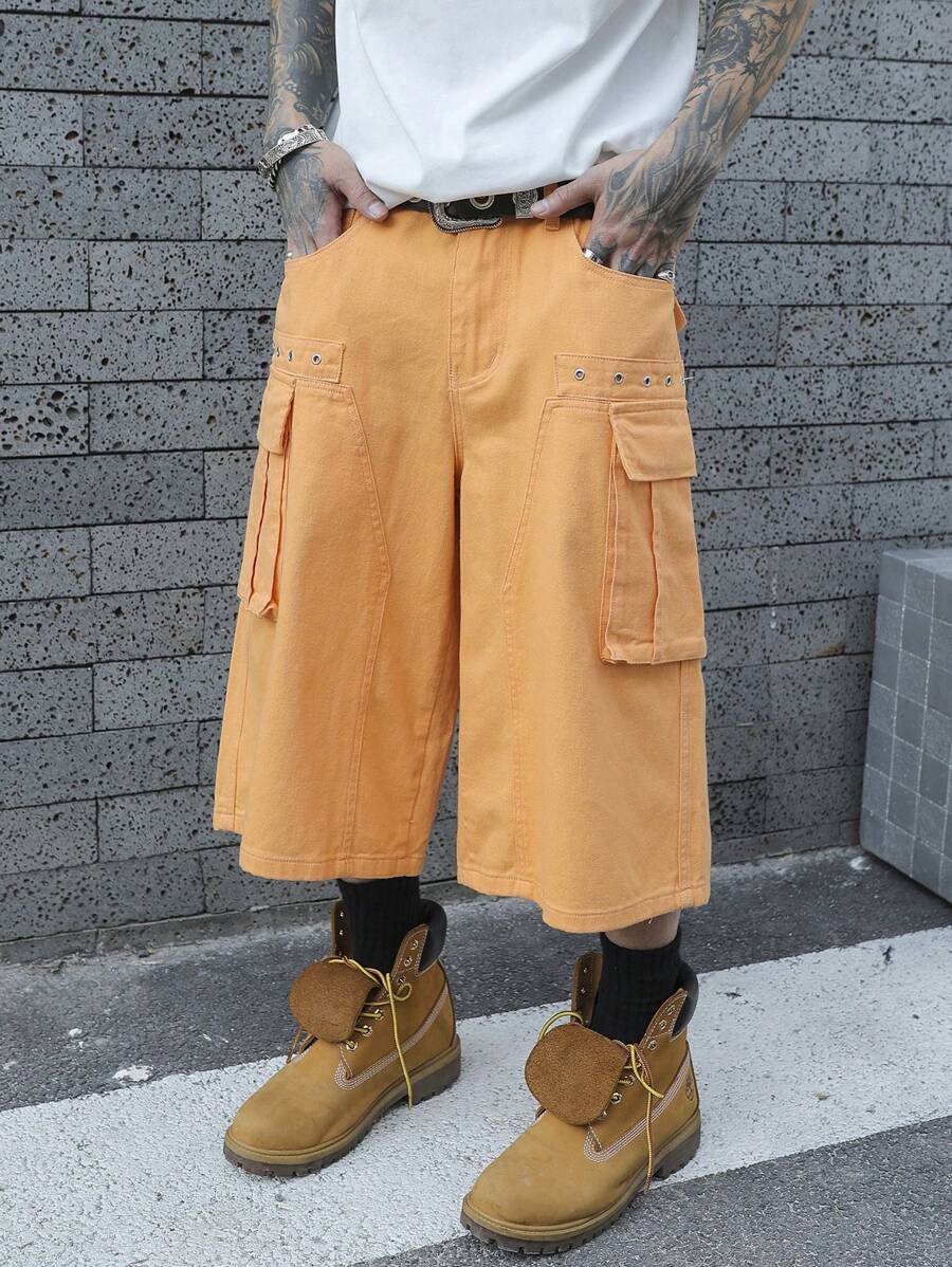 Manfinity EMRG Quần short denim rộng rãi, màu trơn có túi dành cho nam, mặc hàng ngày - trái cam - Xem 1