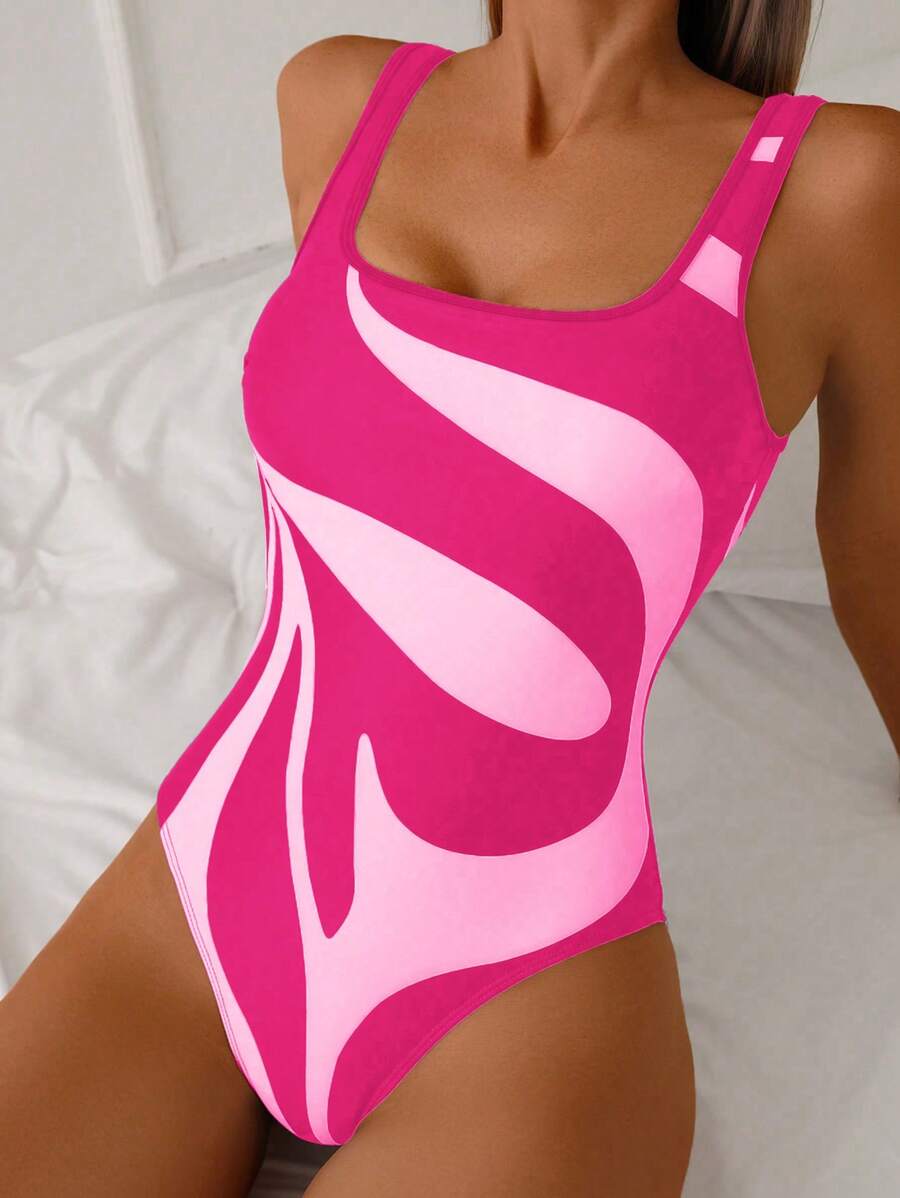 女士连体露背印花泳衣，黑白花卉图案，时尚、优雅、休闲沙滩装 - 彩色 - 查看 1