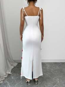 Elenzga 女士细肩带系腰简约修身长裙 - 白色 - 查看 2