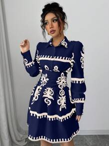 Elenzga Casual Long Sleeve Printed Cinched Waist Women Dress