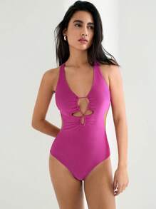 Maija Nuevo conjunto de verano 2025 de ajuste ceñido con diseño decorativo de escote recortado y hueco, de color baya, versátil y de moda para vacaciones de verano, playa, festivales de música y uso diario - Rosa - Ver 7