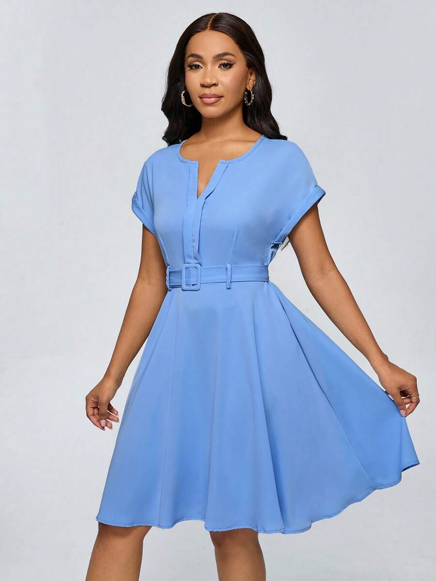 Lyxana Đầm cánh dơi ngắn tay màu trơn có thắt lưng, mùa hè - Màu xanh nhạt - Xem 1