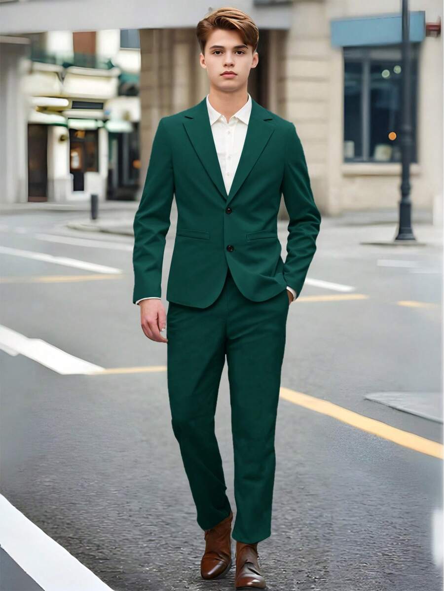 SHEIN Leap Crew 青少年男孩派对绅士套装纯色简约休闲校服,舒适、时尚、百搭,适合日常穿着、上学、郊游、运动、情人节、聚会和派对 - 綠色 - 查看 1