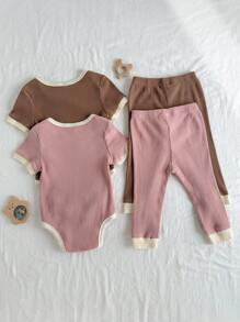 Loomiva 4PCS Baby Girl Color Block Soft Knit Long Sleeve Ruffle Shoulder Bodysuit & Elastic Waist Long Pants Set - Pink - View 2