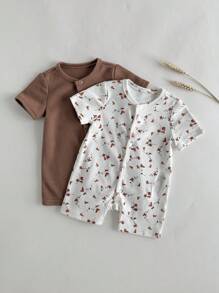 Loomiva 2pcs Newborn Baby Girl Floral Print Soft Knit Crew Neck Short Sleeve Romper Set - Multicolor - View 3