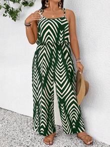 SHEIN Frenchy Plus Size Geometric Pattern Sleeveless Jumpsuit, Boho/Bohemian Casual & Vacation - Green - View 4
