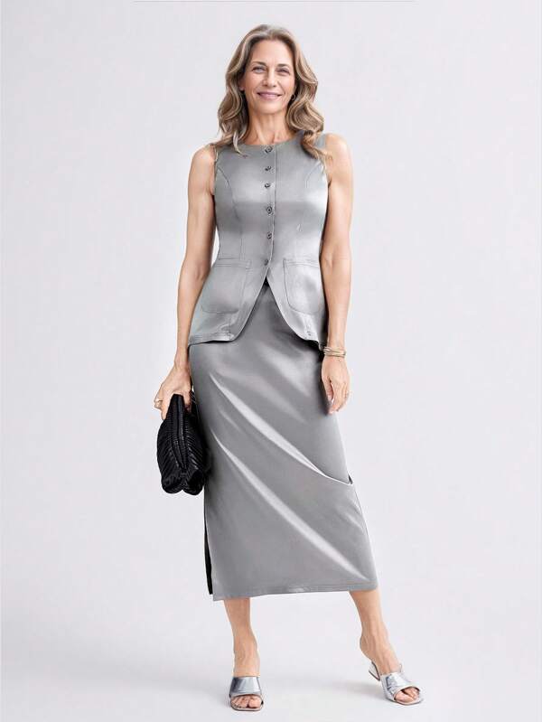Miaspire 2pcs Set - Elegant Gray Sleeveless Top And Long Skirt