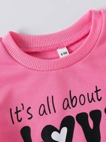 SHEIN Baby Girl Fashion Minimalist Puff Sleeve Long Sleeve Slogan Print Sweatshirt Top And Denim-Effect Print Pants Casual Set, Autumn - Pink - View 3