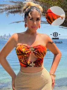 SHEIN SXY 夏季/海滩；春季/女士，优雅热带波西米亚风度假辣妹风，西式服装，橙色动物纹高弹针织领口五金环装饰镂空修身短款抹胸上衣 - 彩色 - 查看 5