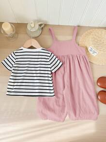 Baby Girl Striped Short Sleeve Top And Overall Jumpsuit, Spring/Summer Outfit
