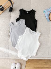SHEIN Set de 3 piezas de pelele sin mangas de punto unisex para bebé, negro/blanco/gris
