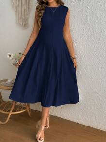 SHEIN Elegant Round Neck Sleeveless Ruched Design Dress Maternity Dress - Navy Blue - View 4