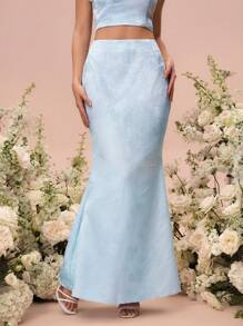 Glamine Blue Woven Textured Fabric Mid-Waist Fish Tail Hem Skirt, Spring/Summer For Women