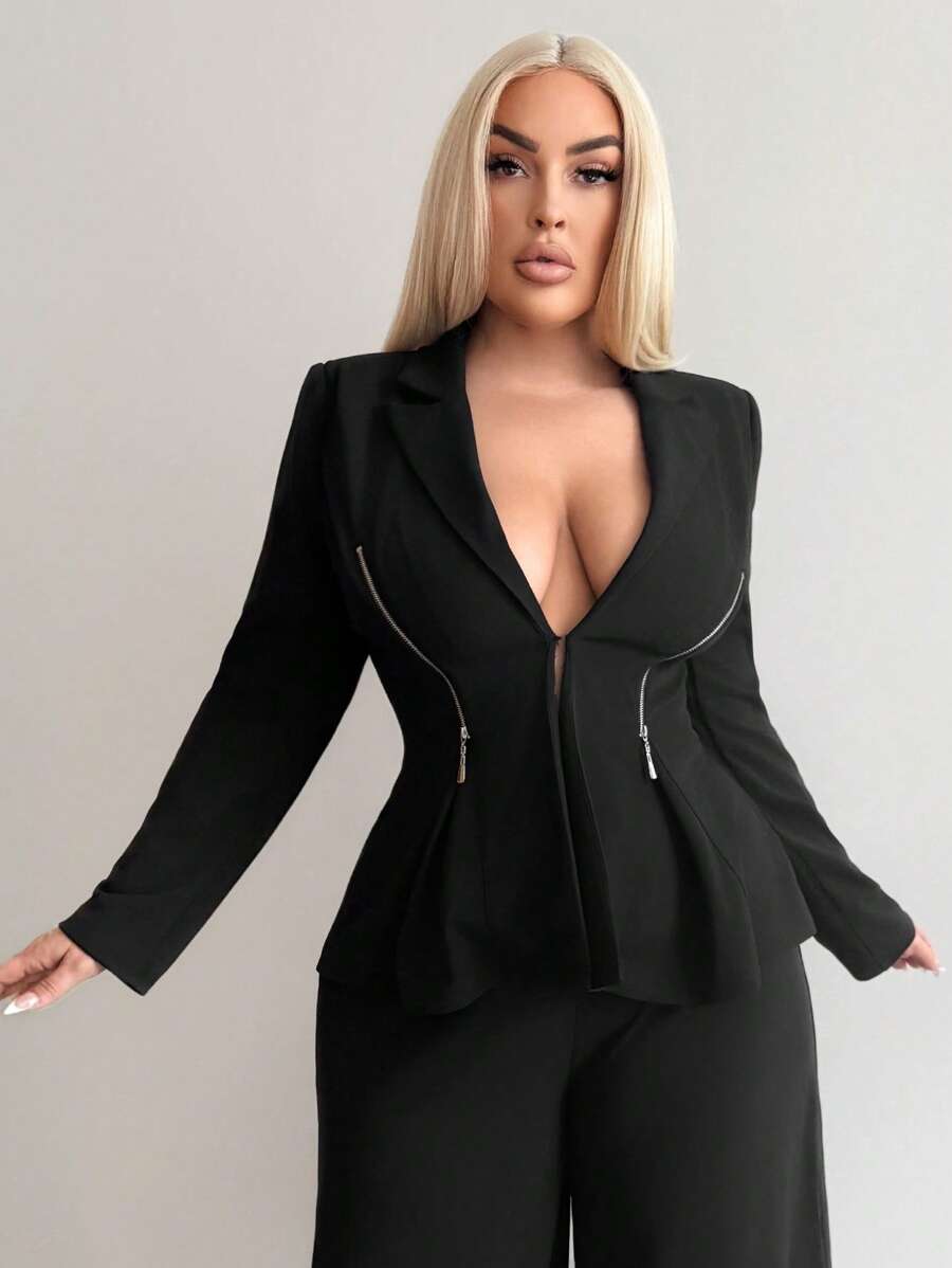 SHEIN SXY 加大码女式性感深 V 领褶皱拉链腰垫肩部 Siren 办公室时尚西装外套，适合日常穿着、通勤、商务、狂欢派对、海滩度假、约会之夜、生日、单身派对、俱乐部、休闲、购物、街头装、外出、增强身材、修饰体形、收腹 - 黑色 - 查看 1