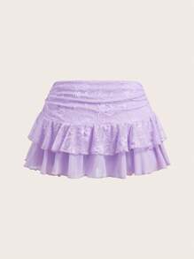 SHEIN Tall CURVE Plus Size Women Ultra Low Waist Lace & Mesh Double Layer Pleated Skirt Valentine's Day - Purple - View 2