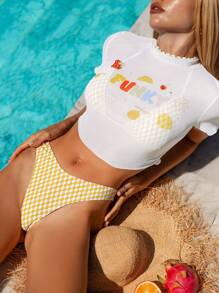 SHEIN Swim Mod 2pcs/Set Girls Yellow White Plaid Print Triangle Halter Sexy Bikini Swimwear