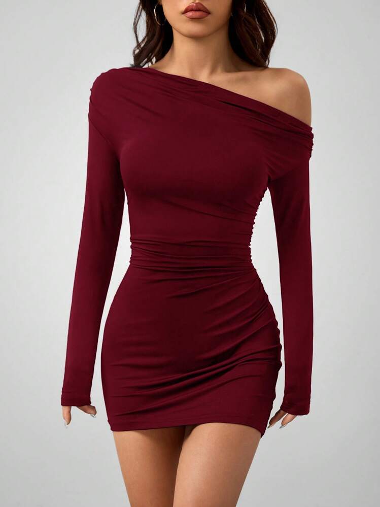 SHEIN PETITE 女士纯色夏季长袖简约短款休闲连衣裙秋装秋季女装秋季女装不对称连衣裙冬装 - 酒紅色 - 查看 7