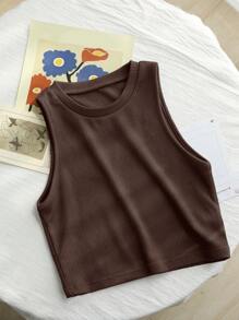 DAZY Top de tirantes corto de punto casual de unicolor para mujer - Marrón - Ver 4