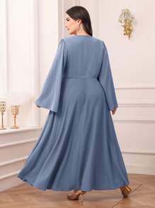 Modelyn Plus Size Solid Color Drawstring Dress, Simple Chic Casual For Daily Wear Long Evening Dresses - Blue - View 2