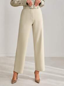 SHEIN Cottnline Calças femininas casuais de cor sólida e perna reta - Caqui - Ver 2