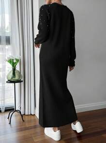 EURMUSE Round Neck Raglan Sleeve Maxi Sweater Dress With Beading - Black - View 6