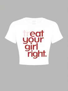 Rovax Áo thun nữ cổ tròn tay ngắn in khẩu hiệu bó sát - trắng - Xem 3