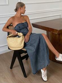 DAZY 做旧洗水吊带背心和牛仔开衩裙 2 件套 女式夏季 - 藍色 - 查看 1