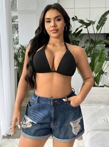 SHEIN Swim Vcay 2pcs/Set Plus Size Adjustable Swimwear Top For Holiday Beach - Black and White - View 5