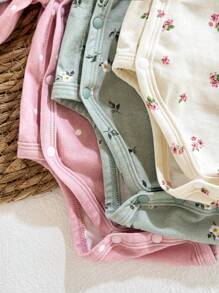 Loomiva 3pcs/Set Newborn Baby Boy/Girl Dot & Ditsy Floral Pattern Soft Knit Crew Neck Long Sleeve Bodysuit Clothing Sets - Pink - View 7