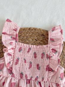 Loomiva Baby Girl Strawberry Pattern Square Neck Ruffle Trim Sleeveless Pullover Top And Bloomer Shorts 2 Pieces Set - Pink - View 3