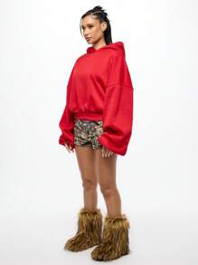 SUMWON WOMEN Oversized Cropped Hoodie Sweatshirt Casual Pullover Athletic Workout Loungewear Drawstring Hood Winter Fall Streetwear Athleisure Fashion - Red - View 4