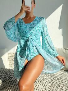 SHEIN Swim 女士油画风格薰衣草印花连体泳衣带罩衫上衣母女配套服装（2 件单独出售），适合夏季海滩度假 - 彩色 - 查看 1