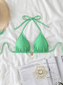 Swim Mod Beach Summer For Women, Textured Fabric Solid Color Women's Halter Triangle Bikini Top - Green - View 3