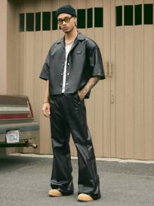 AXEPEAK 男士哥特式 PU 皮革宽松短袖衬衫和裤子休闲西装、街头服饰 - 黑色 - 查看 4