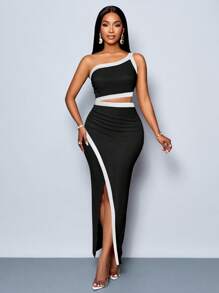 SOLERSUN Váy hở eo một bên vai gợi cảm cho kỳ nghỉ hè của phụ nữ với chi tiết ghép khối màu, phong cách nghỉ dưỡng giản dị - màu đen - Xem 6